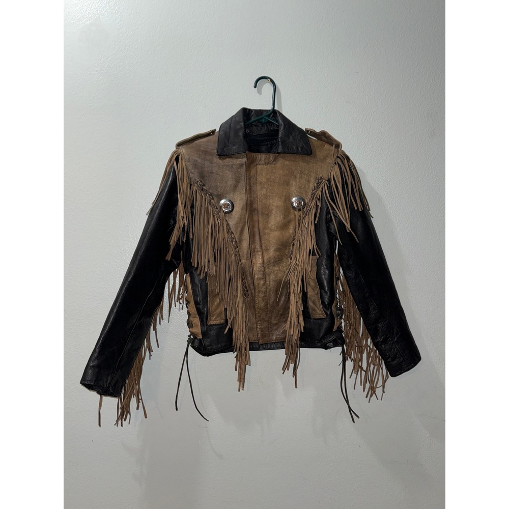 Vintage UNIK Leather Collections Fringed Concho Motorcycle Jacket Brown Black 36 - Picture 8 of 13